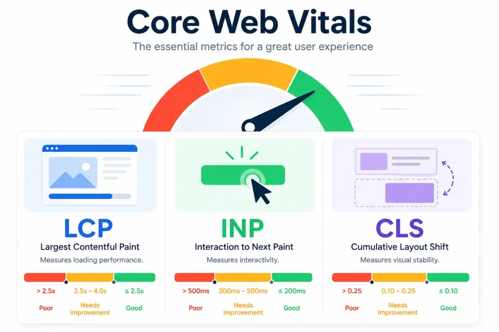An illustration of the three metrics (LCP, INP, CLS) — maybe a speedometer or loading bar visual. 