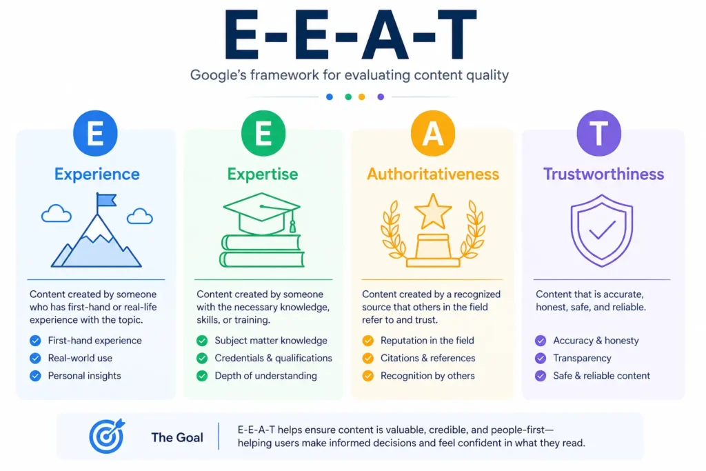 A clean diagram breaking down the four pillars (Experience, Expertise, Authoritativeness, Trustworthiness) with icons.