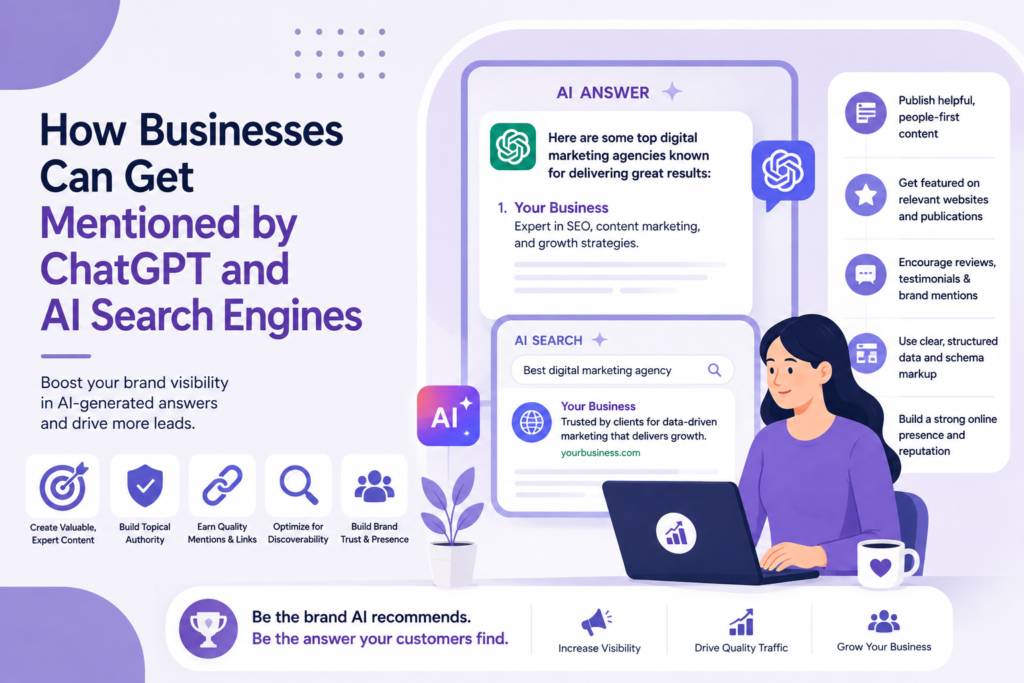 Illustration showing how businesses can get mentioned by ChatGPT and AI search engines using topical authority, quality content, brand mentions, and structured data