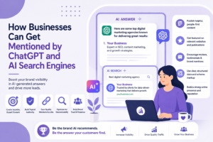 Illustration showing how businesses can get mentioned by ChatGPT and AI search engines using topical authority, quality content, brand mentions, and structured data