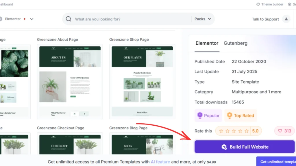 Selecting Greenzone plant store template in Templately