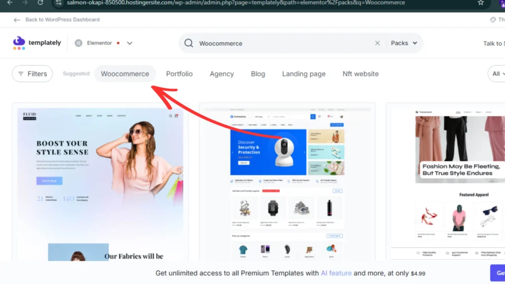 Templately importing WooCommerce website template