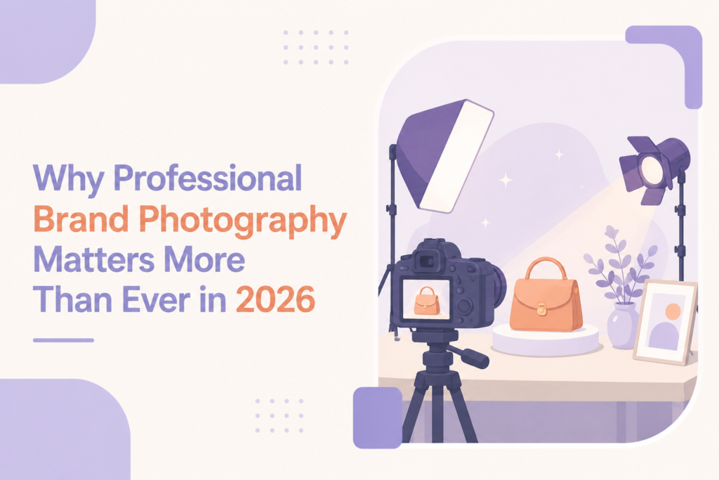 Illustration of a professional brand photography studio showing a camera, lighting setup, and product photography equipment.