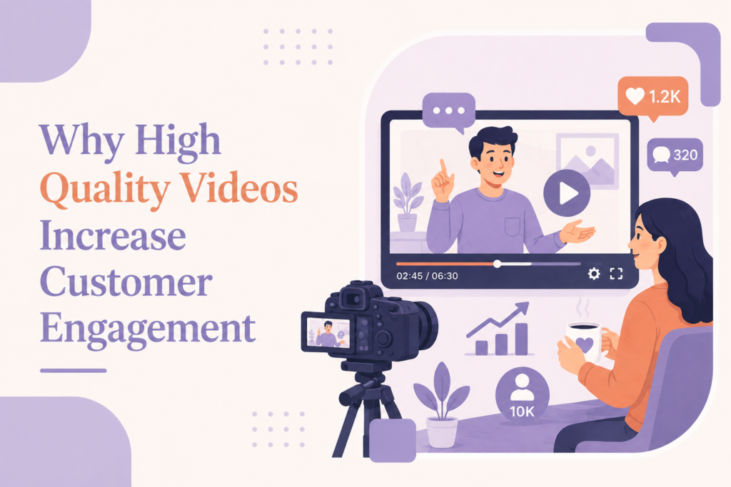 Illustration showing how high quality videos increase customer engagement through professional video production, social media interactions, and audience engagement.