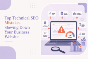 Illustration showing common technical SEO mistakes such as slow website speed, broken links, missing XML sitemap, duplicate content, and mobile usability issues