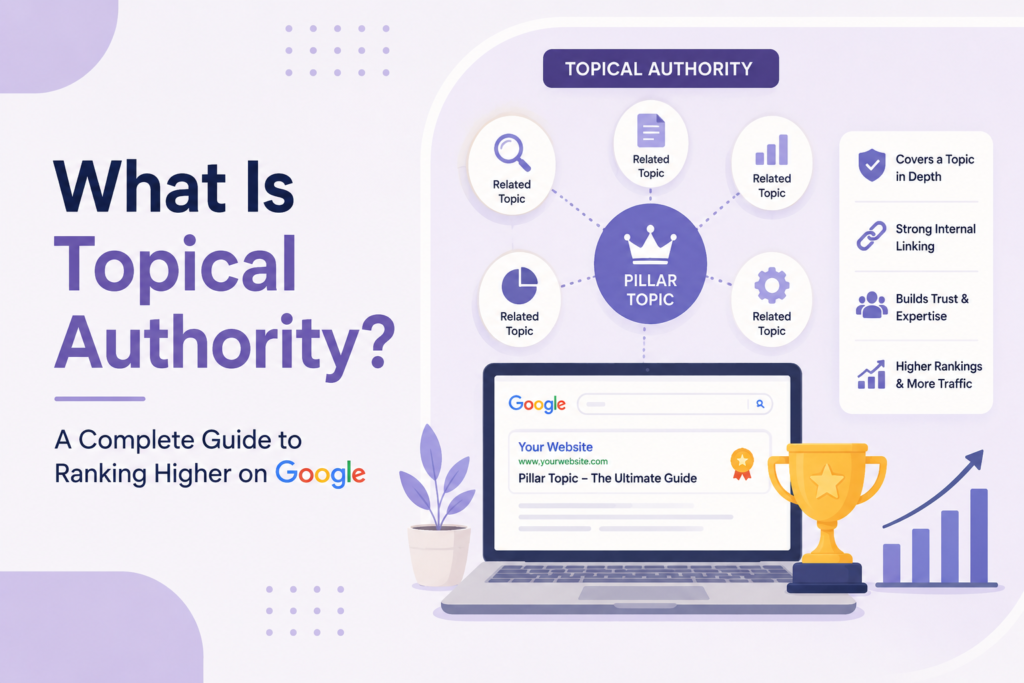 Illustration explaining topical authority with a pillar content strategy, related topics, internal linking, and Google ranking growth