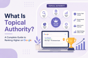 Illustration explaining topical authority with a pillar content strategy, related topics, internal linking, and Google ranking growth