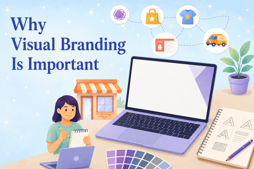 Illustrated workspace showing a designer with branding tools, laptop, color palette, logo sketches, and the heading 'Why Visual Branding Is Important' on a soft blue background.